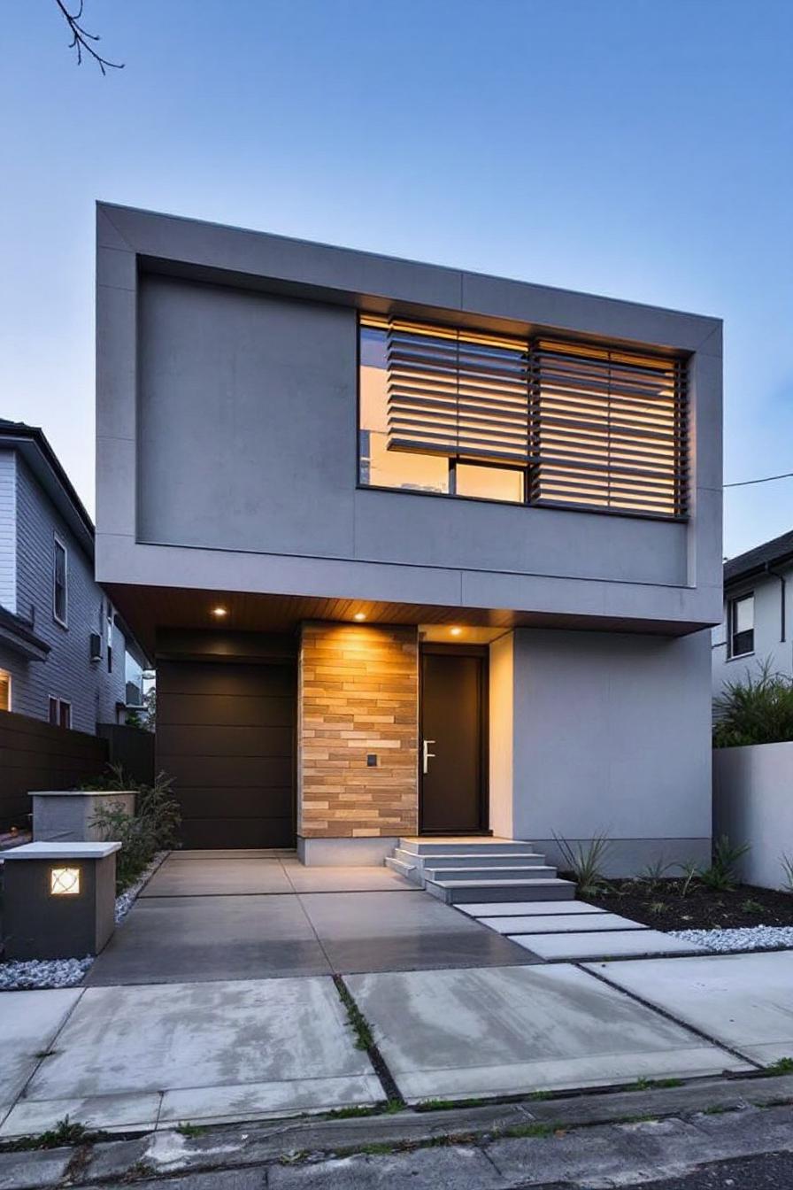 Modern concrete house with wood accents and large windows