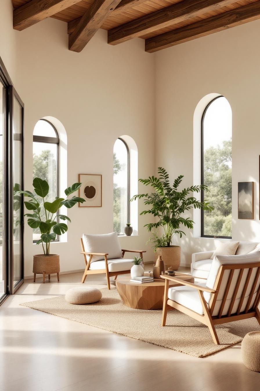 Bright room with wooden beams and arched windows