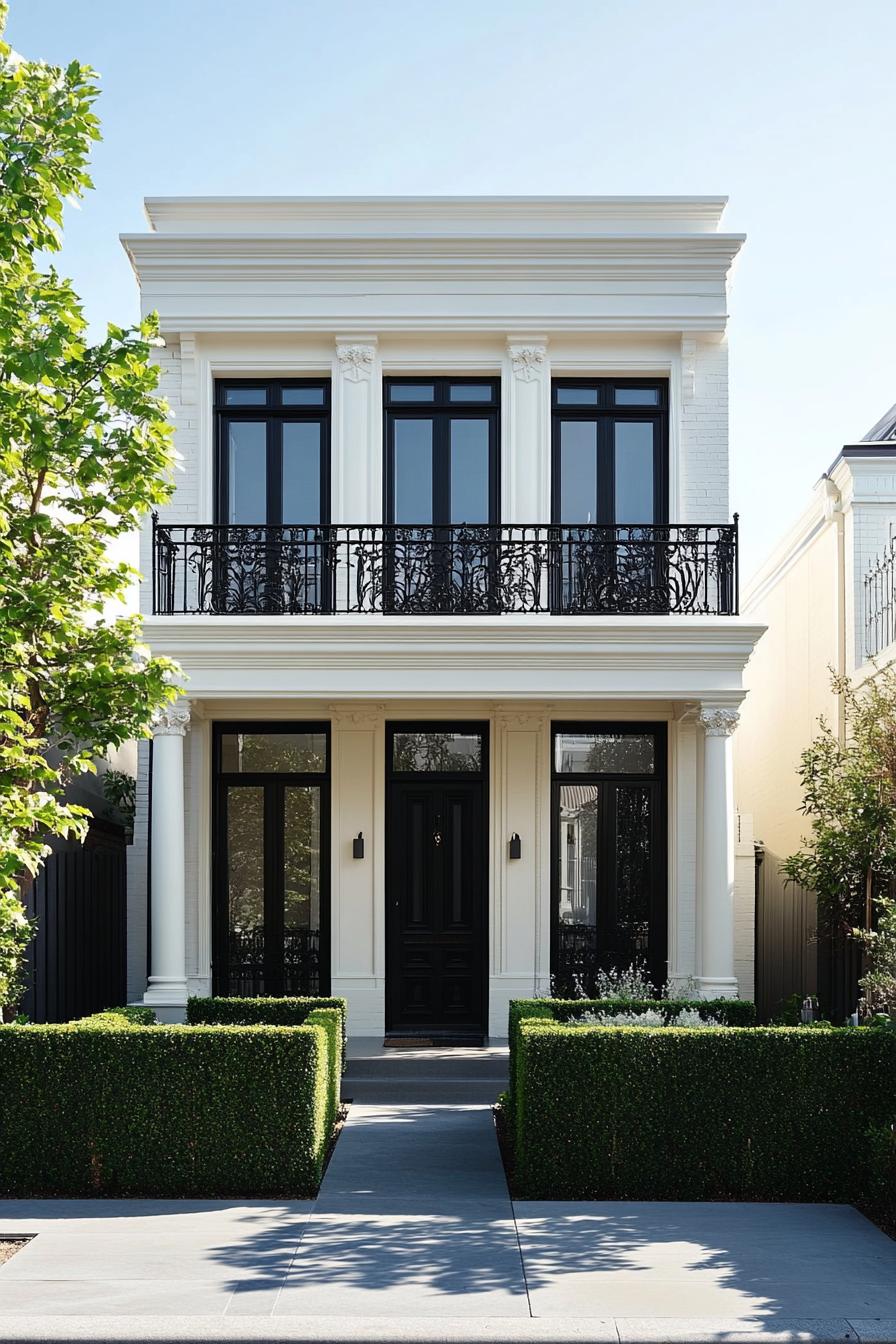 Victorian house with ornate balcony and manicured hedges