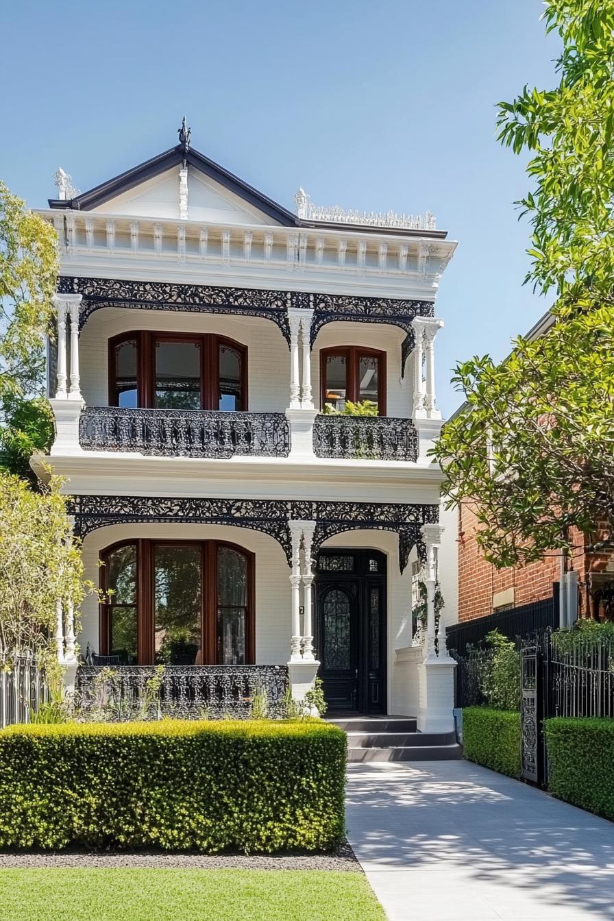 Victorian-style house with ornate ironwork and lush garden