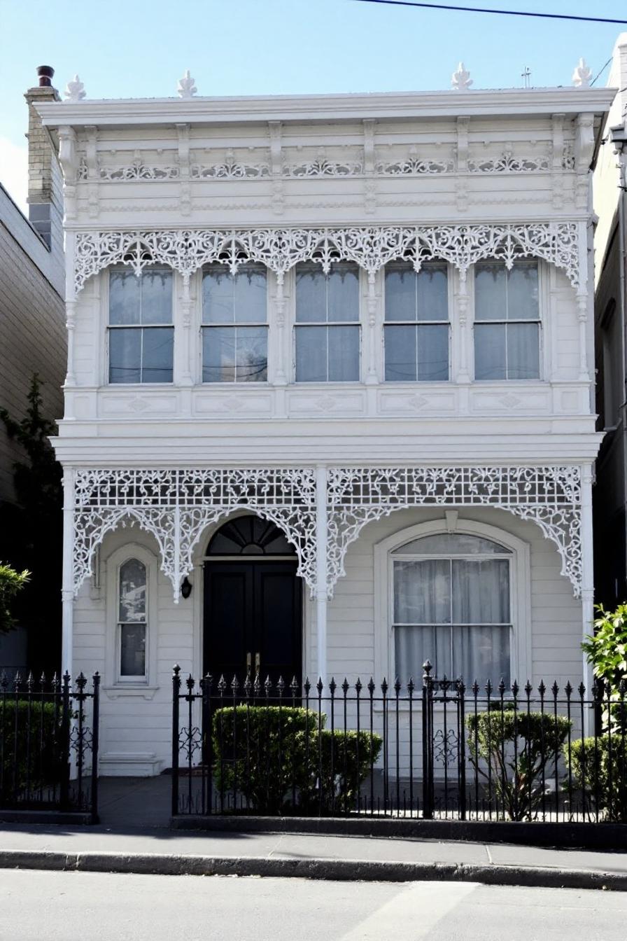 White Victorian house with ornate ironwork