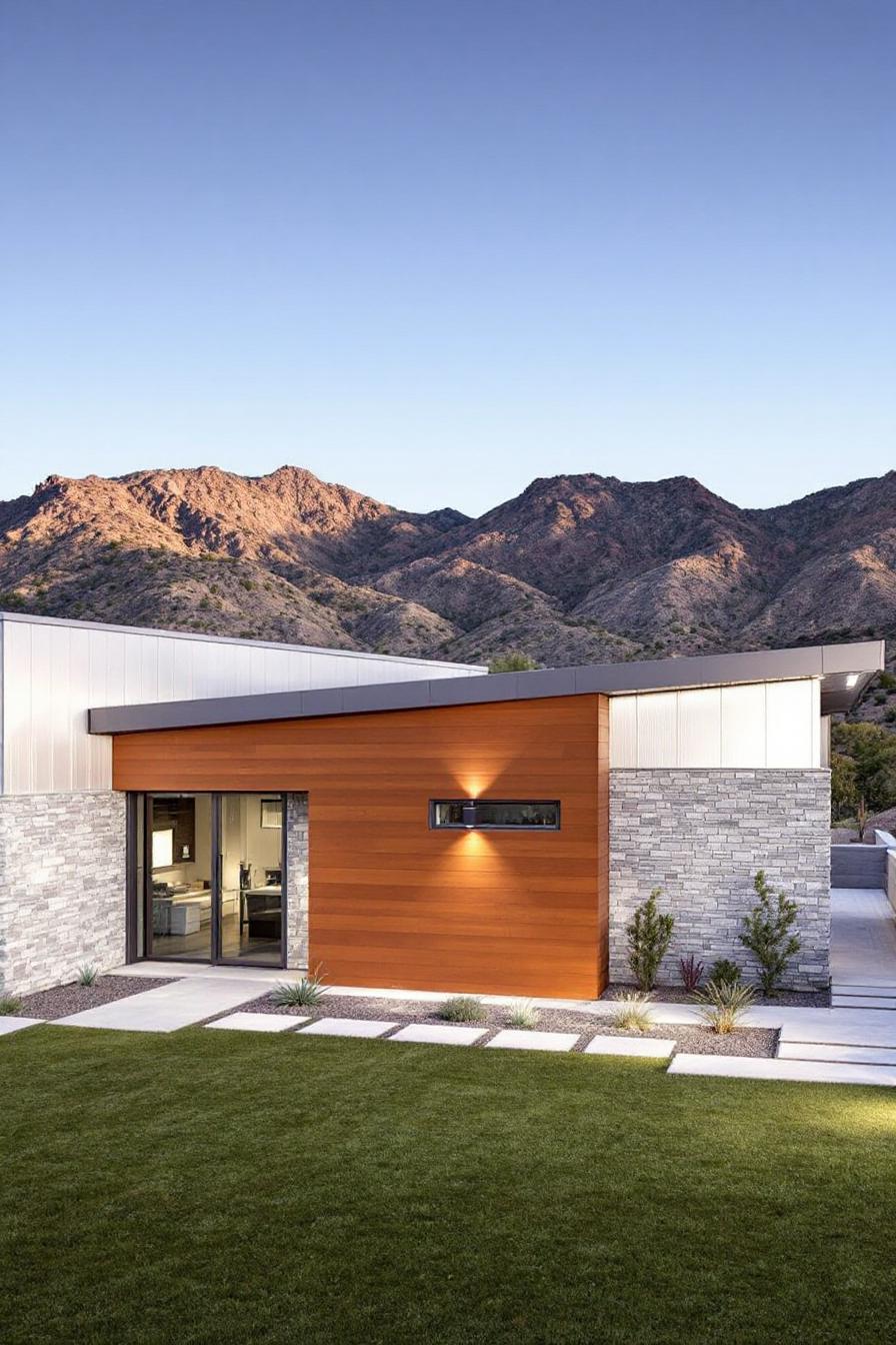 Modern home with wooden accents and mountain view