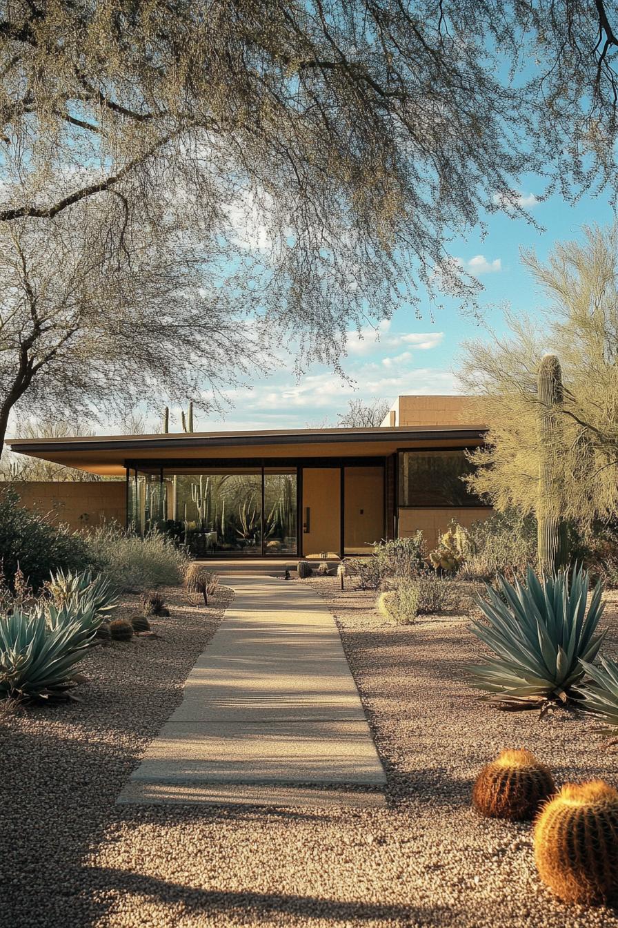 Modern home with desert landscaping and large windows