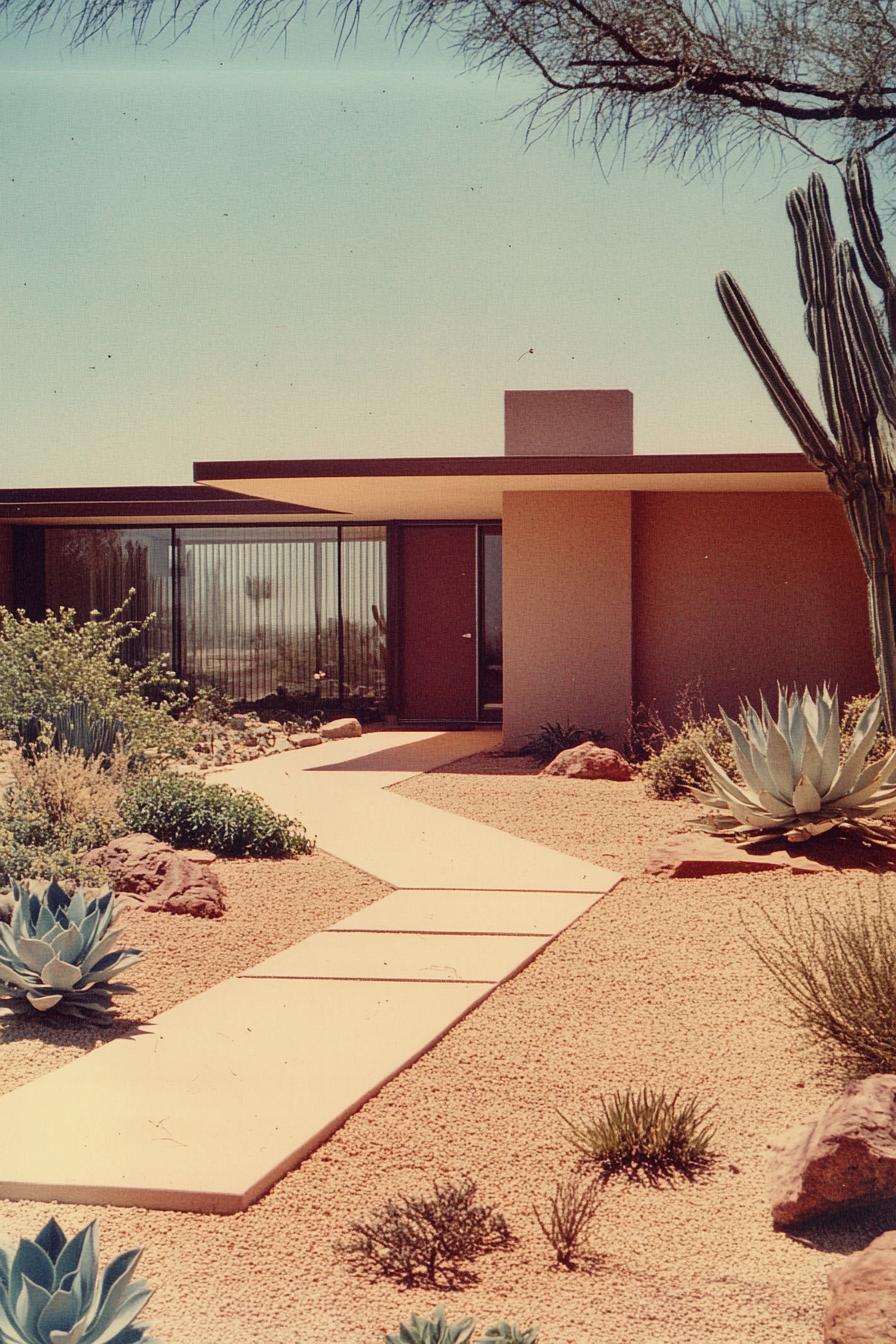 Modern desert house with cacti and succulent garden