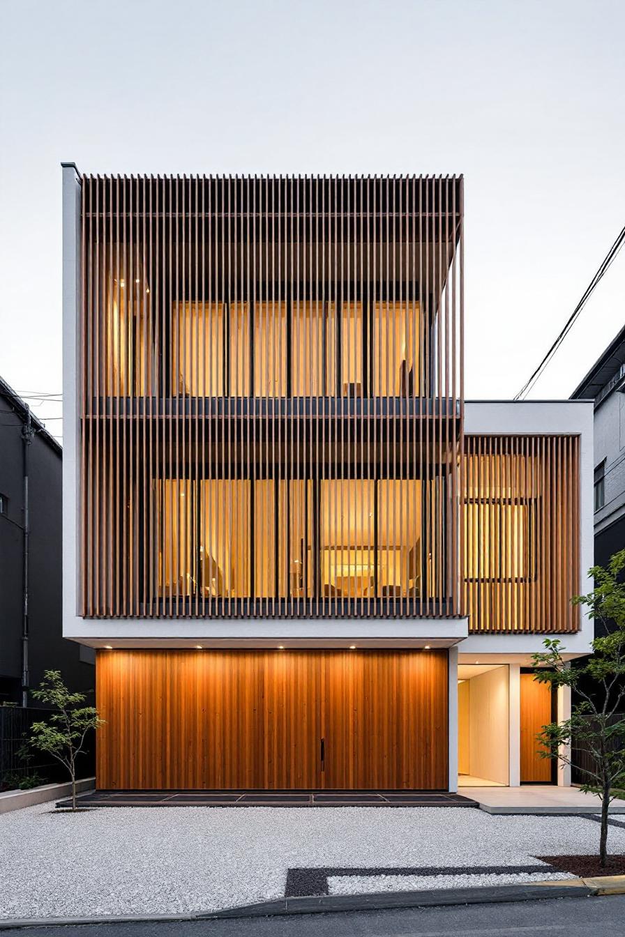 Modern Japanese house with vertical wooden slats and warm lighting