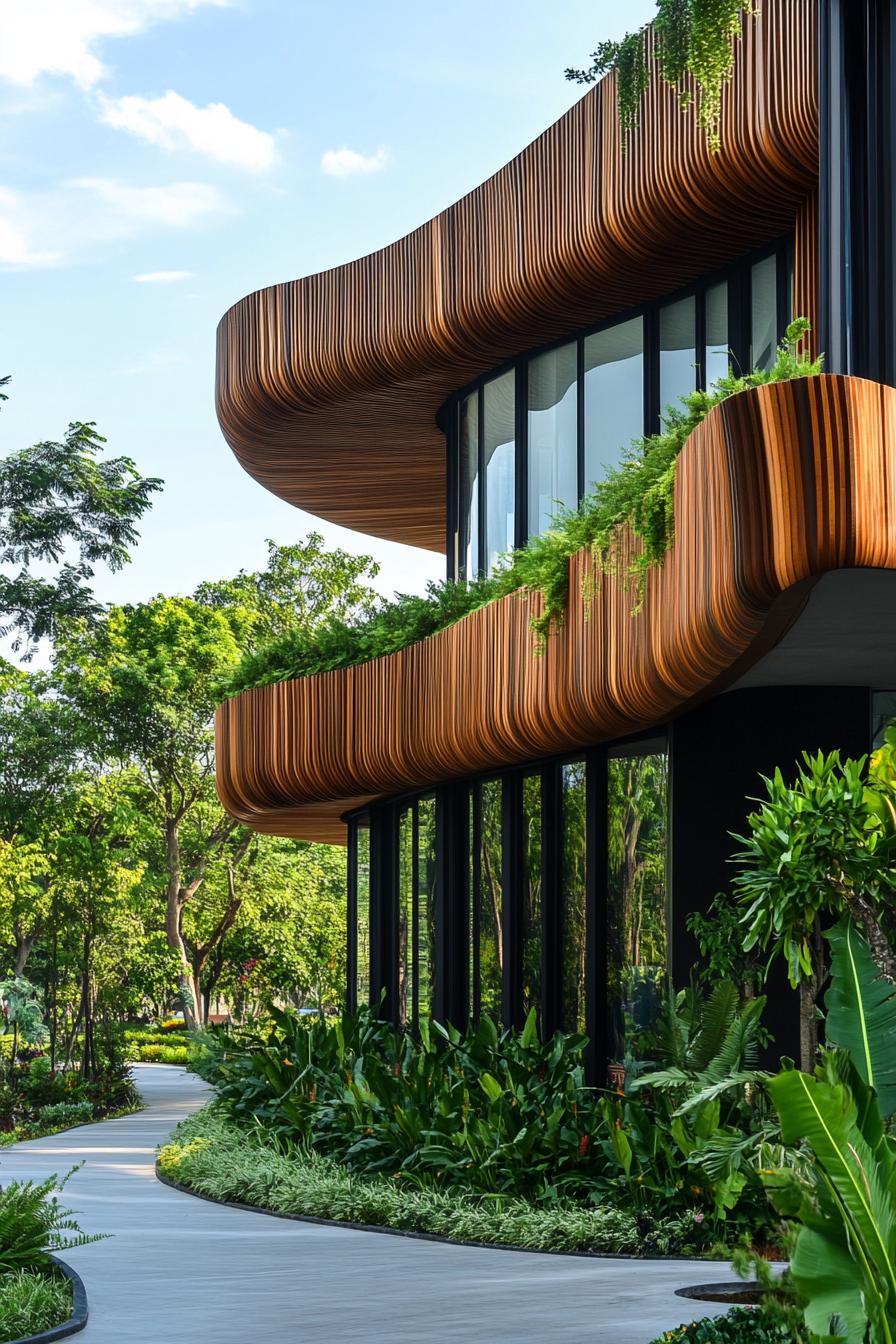 Curved wooden facade with lush greenery