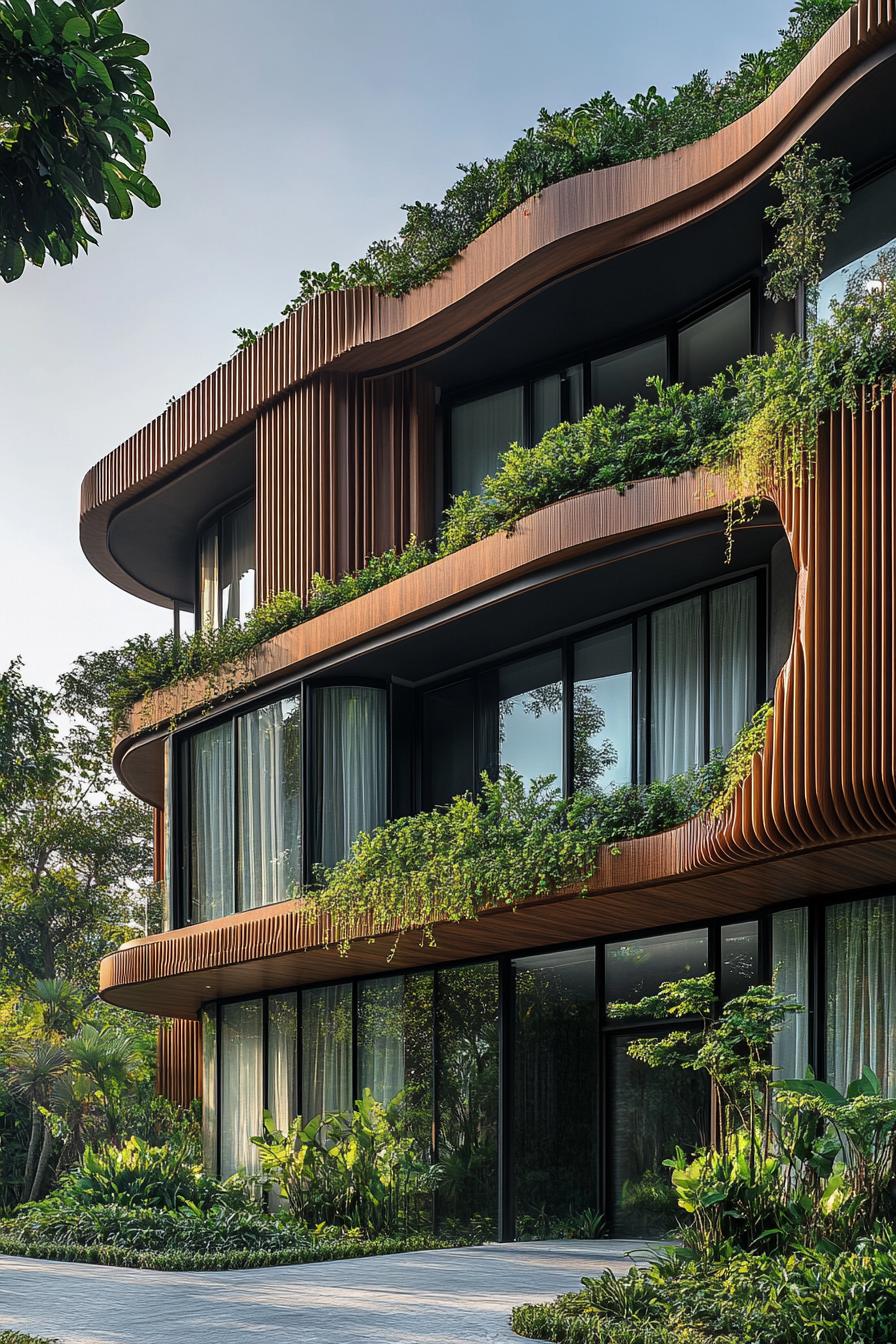 Modern building with curved wooden facade and greenery