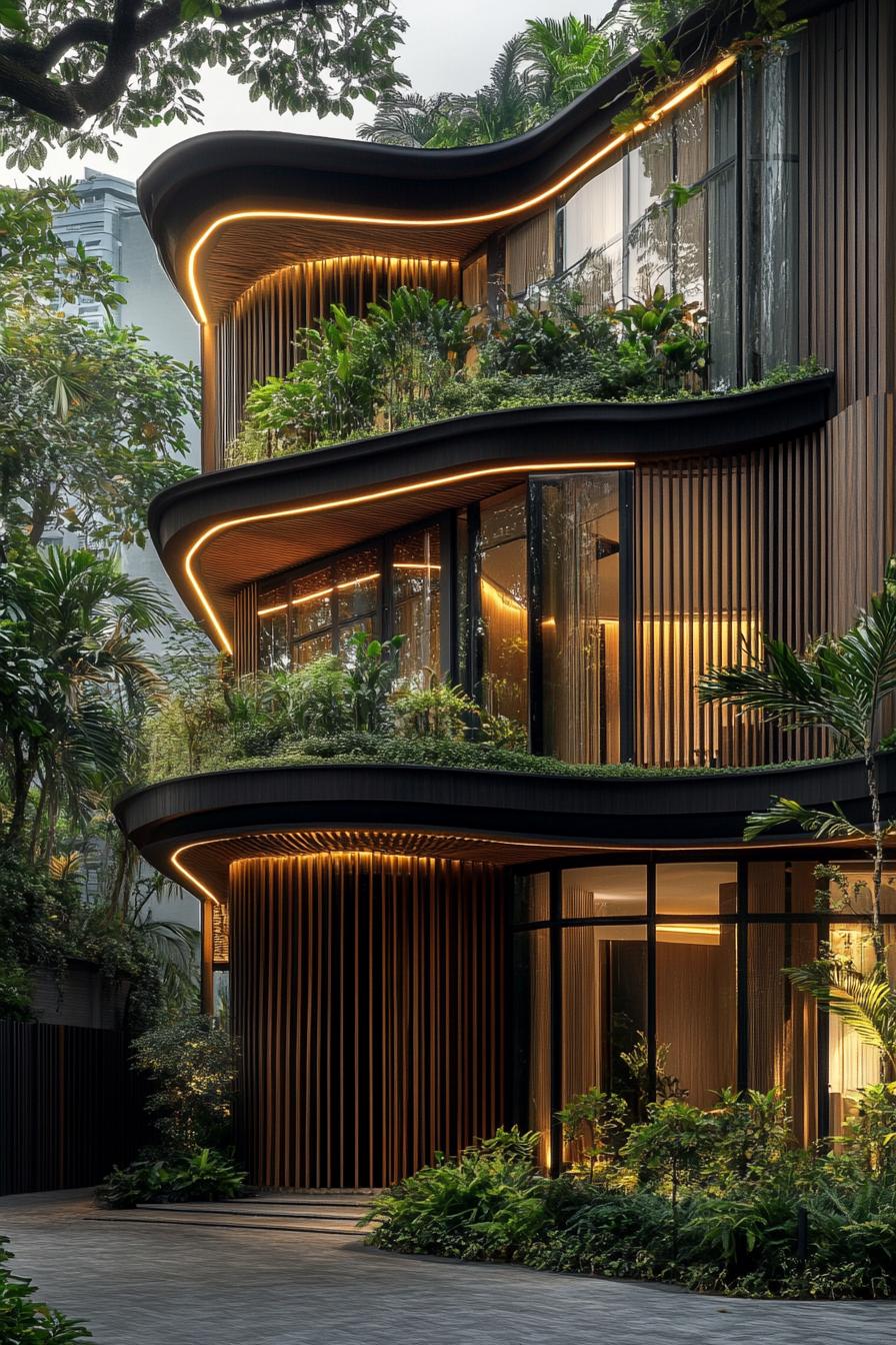 Modern house facade with wavy wooden design and lush greenery