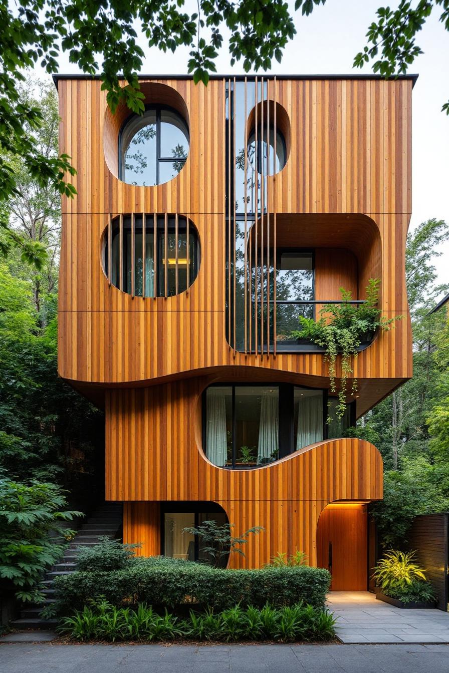 Wood-clad building with curvy designs and lush greenery