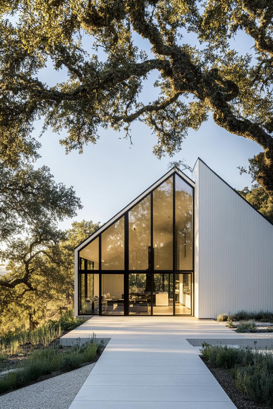 Modern farmhouse with glass facade surrounded by trees