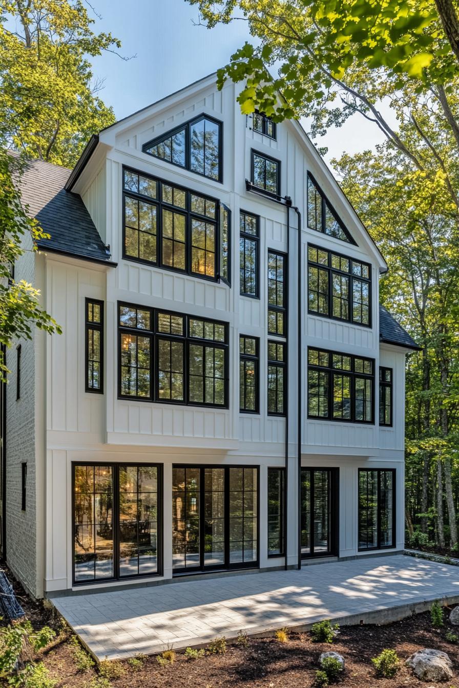 Luxurious farmhouse with large black-framed windows in a wooded setting