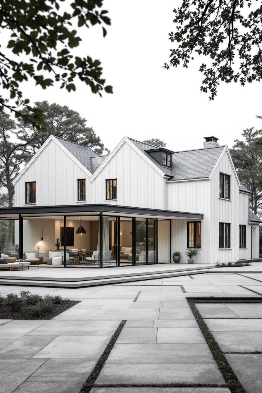 Sleek farmhouse with gabled roof and glass walls