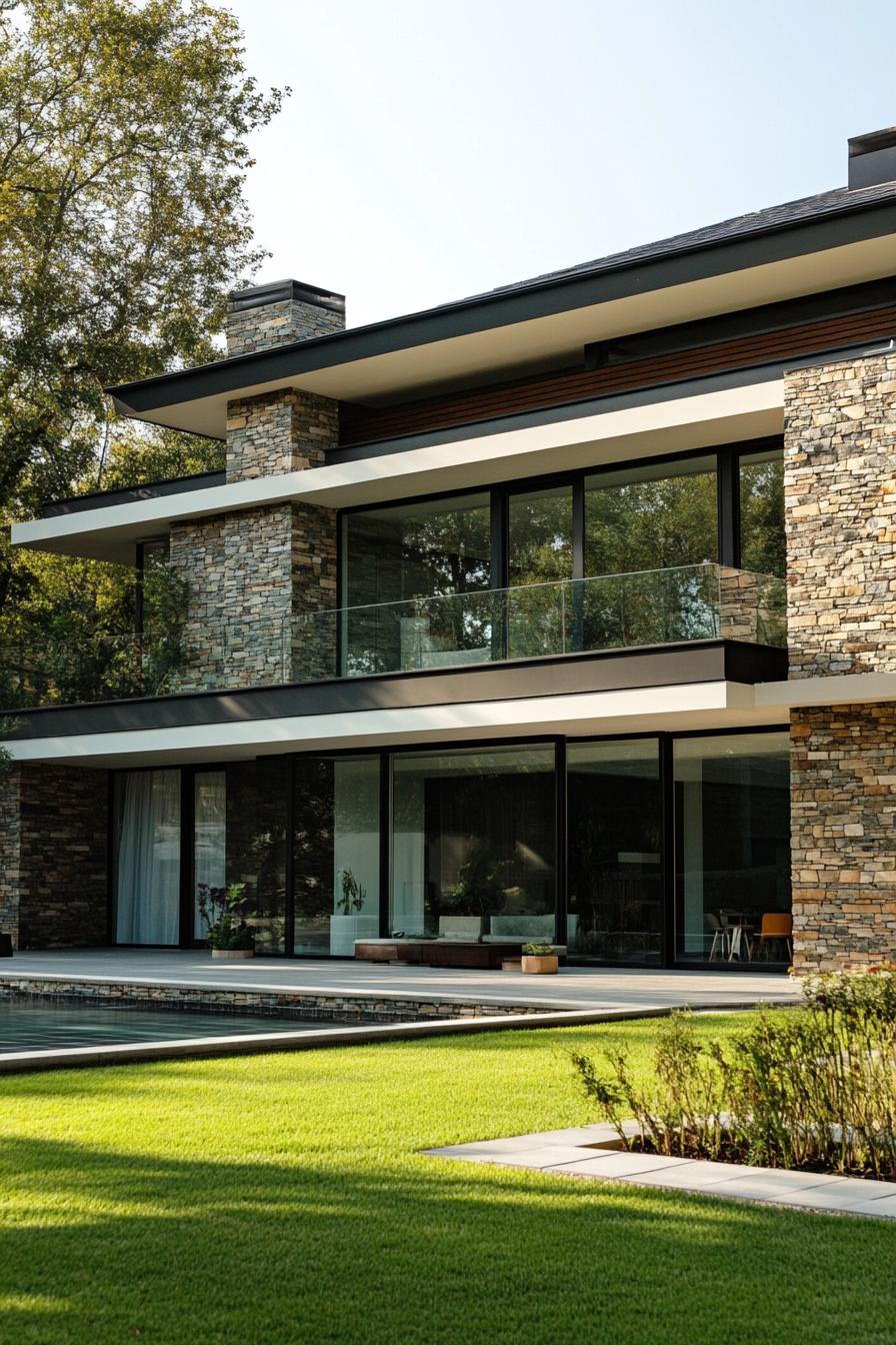 Modern house with stone facade and lush lawn