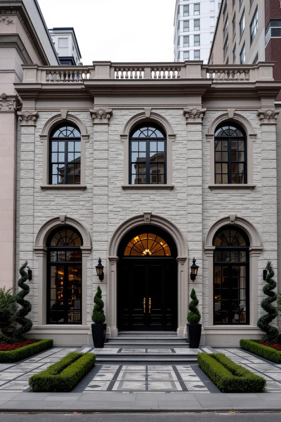 Ornate facade of a modern neoclassical house with topiary accents and a grand entrance