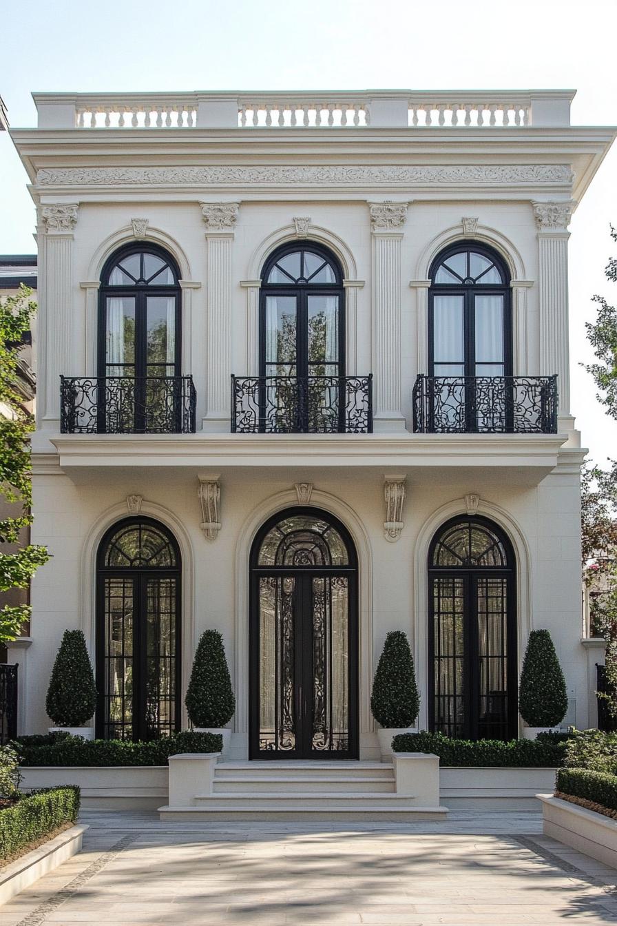 Front view of an elegant two-story neoclassical house with black wrought-iron accents