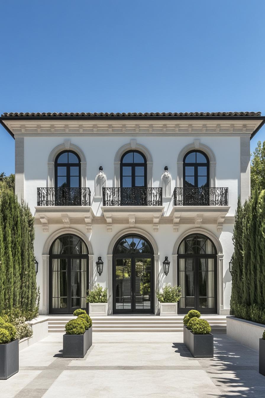 Chic neoclassical house with striking arches and elegant topiaries