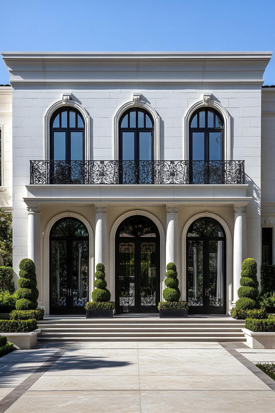 Elegant modern neoclassical house with arched windows and columns