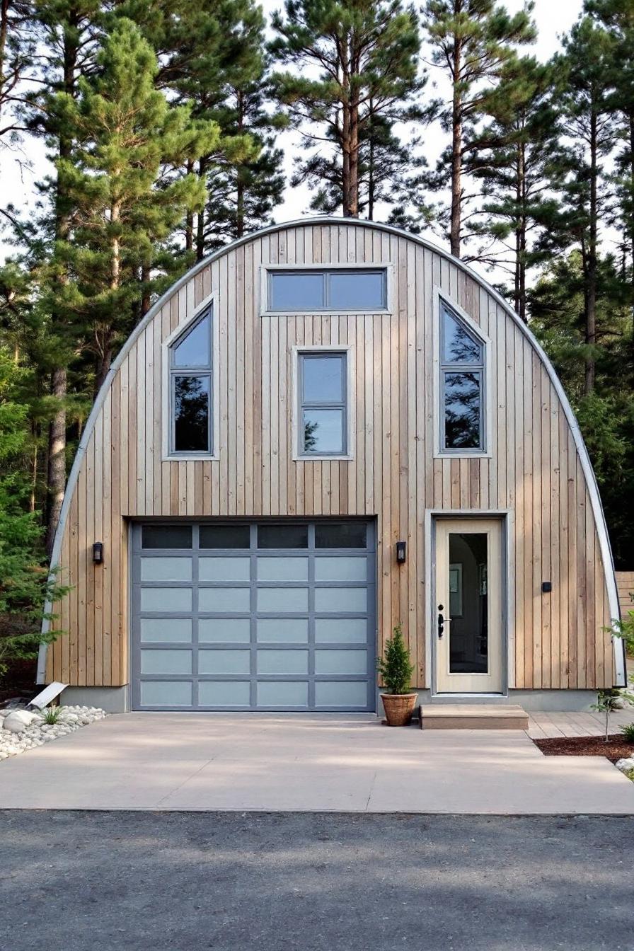 Quonset hut front view with surrounding trees