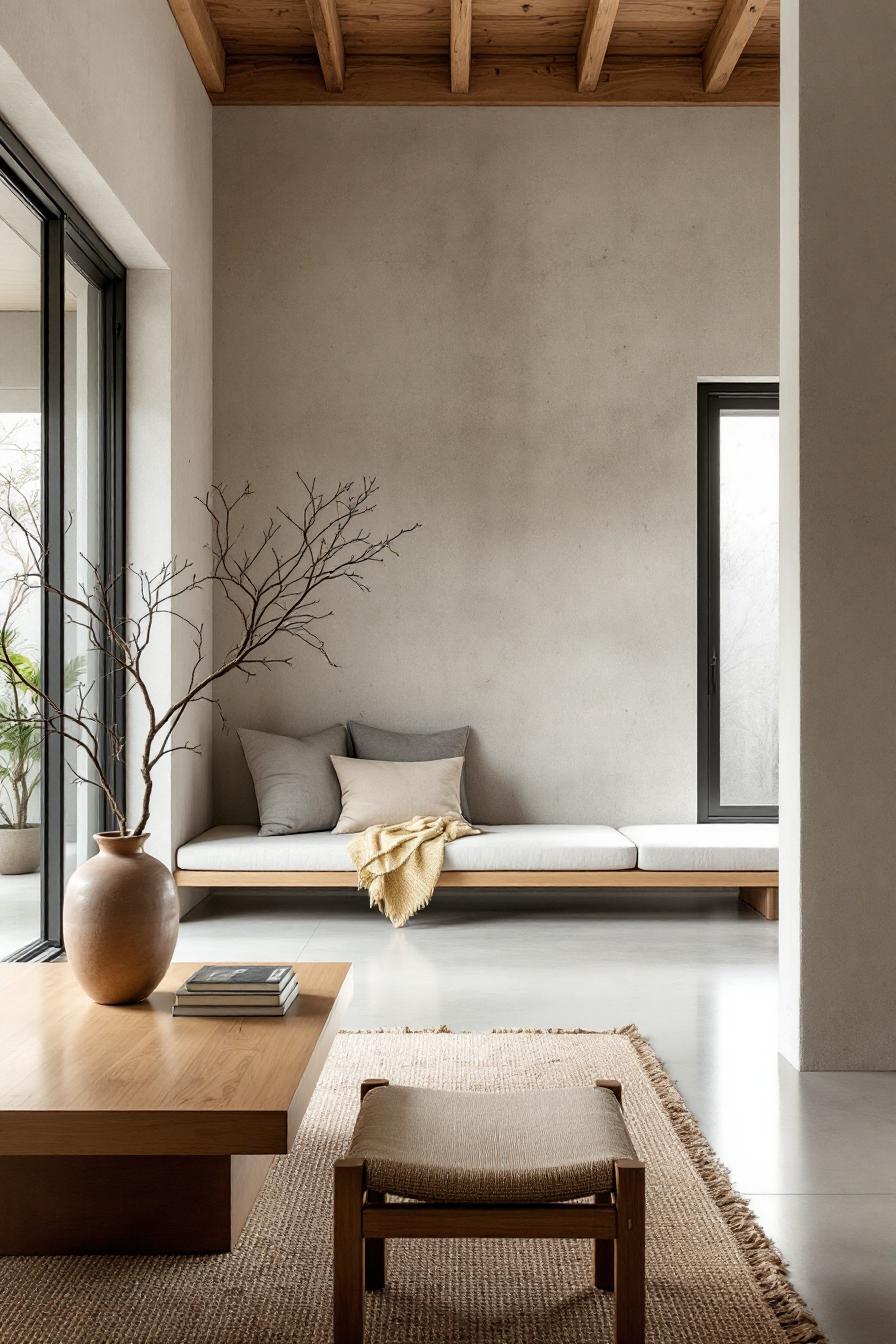 Minimalist living room with natural elements and muted tones