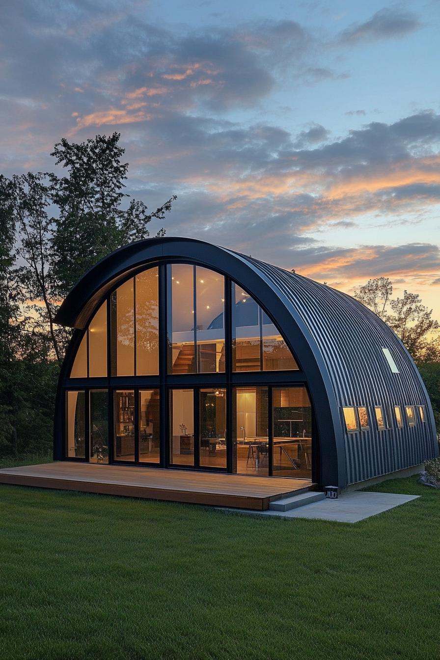 Modern Quonset hut with glass facade reflecting sunset