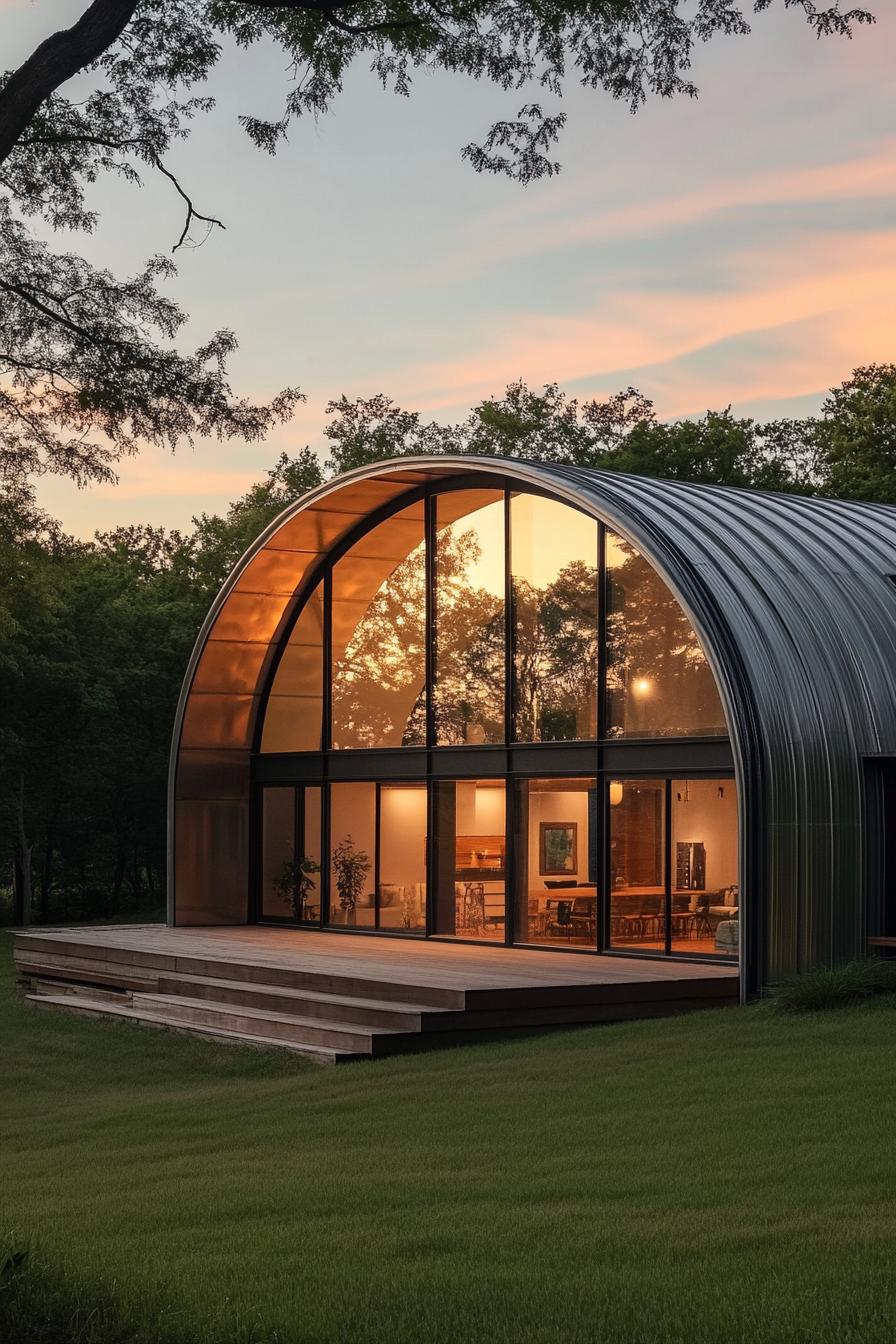 Quonset hut with glass facade at sunset