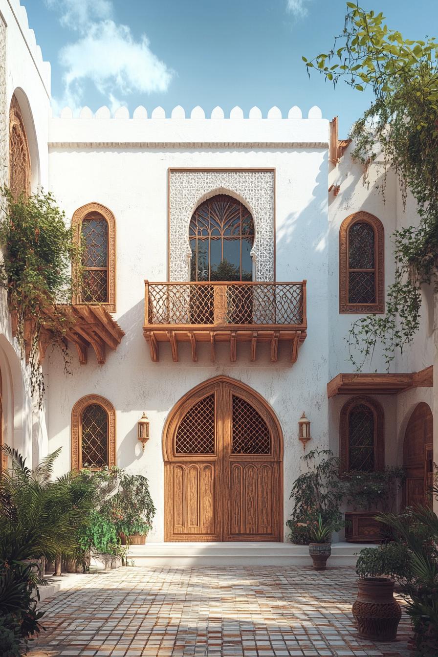 Traditional Arabic house with arches, wooden accents, and greenery