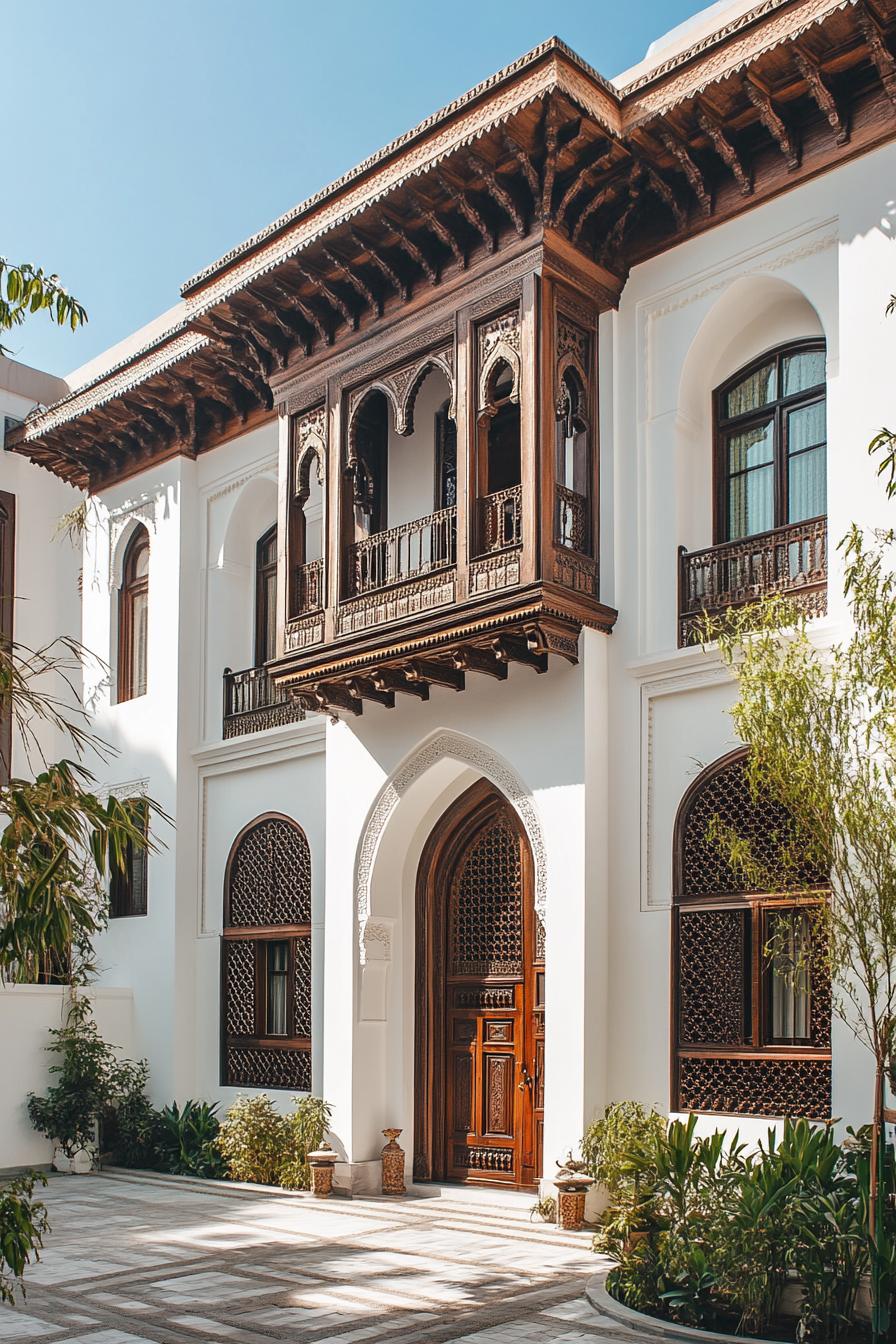 Elegant facade with intricate wooden balcony and arches