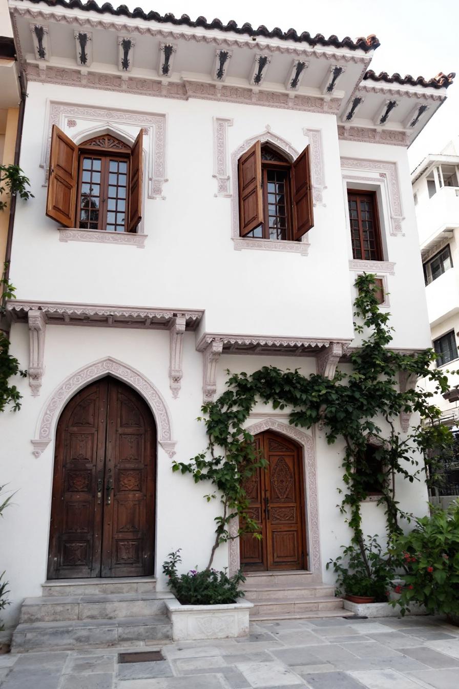 White building with wooden doors and windows