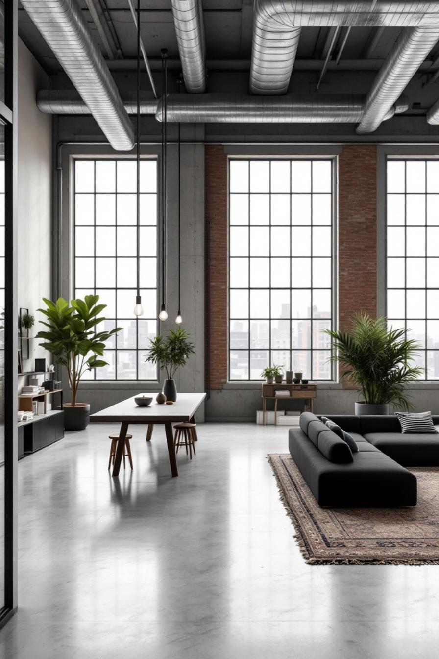 Spacious loft with large windows, industrial vibe