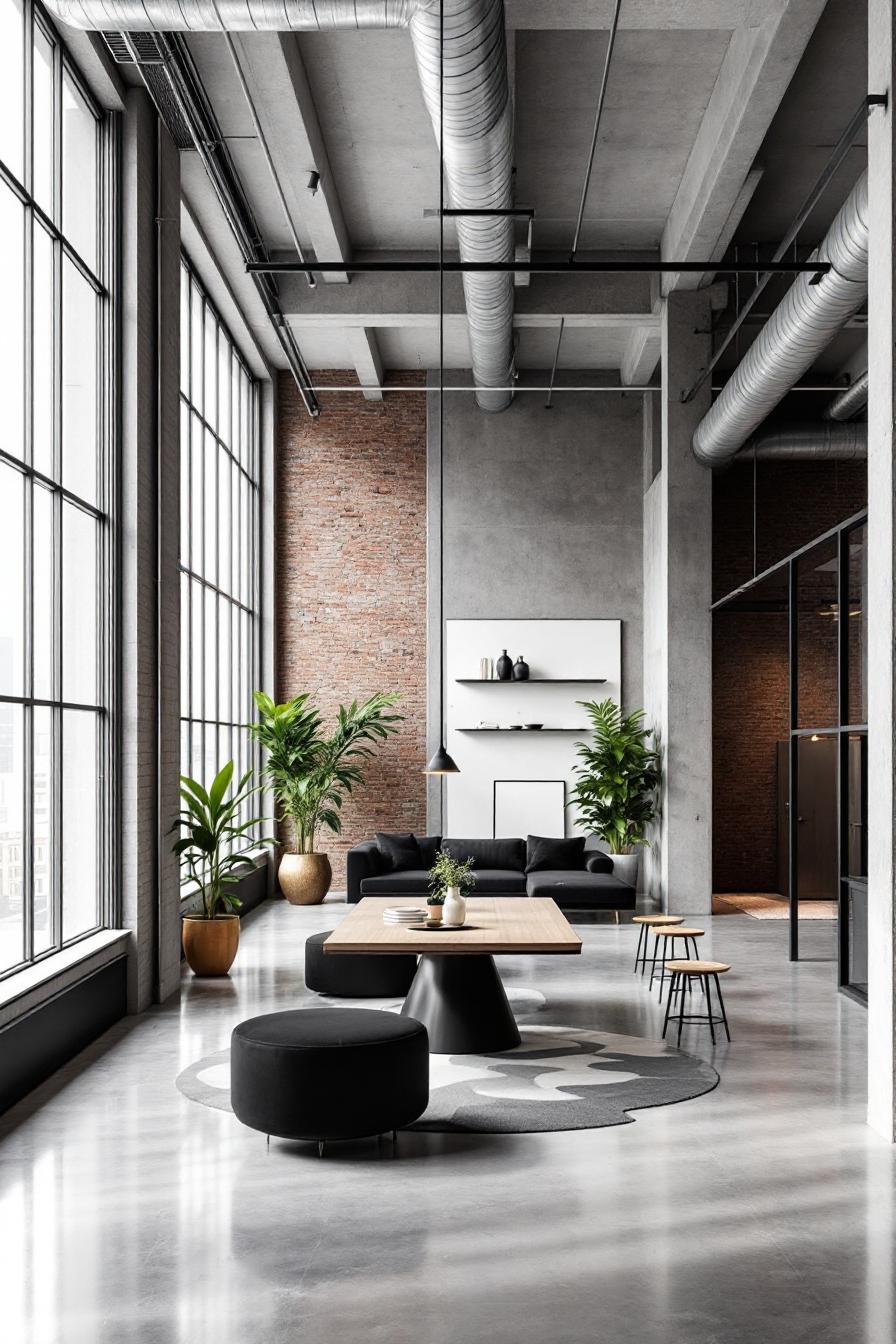 Modern industrial loft with large windows, plants, and sleek furniture