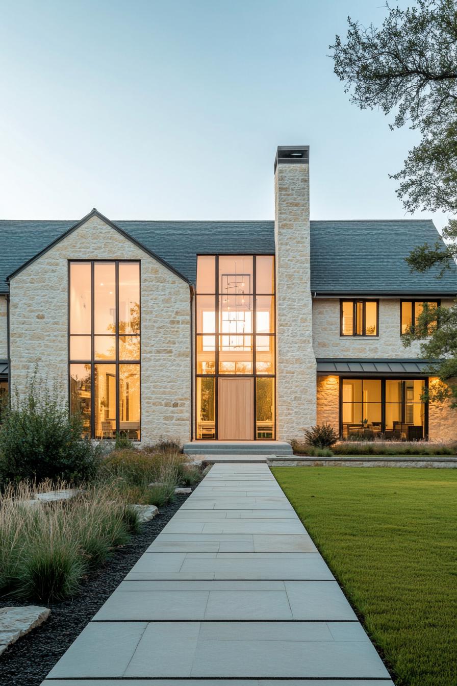 Modern stone house with tall windows and lush garden