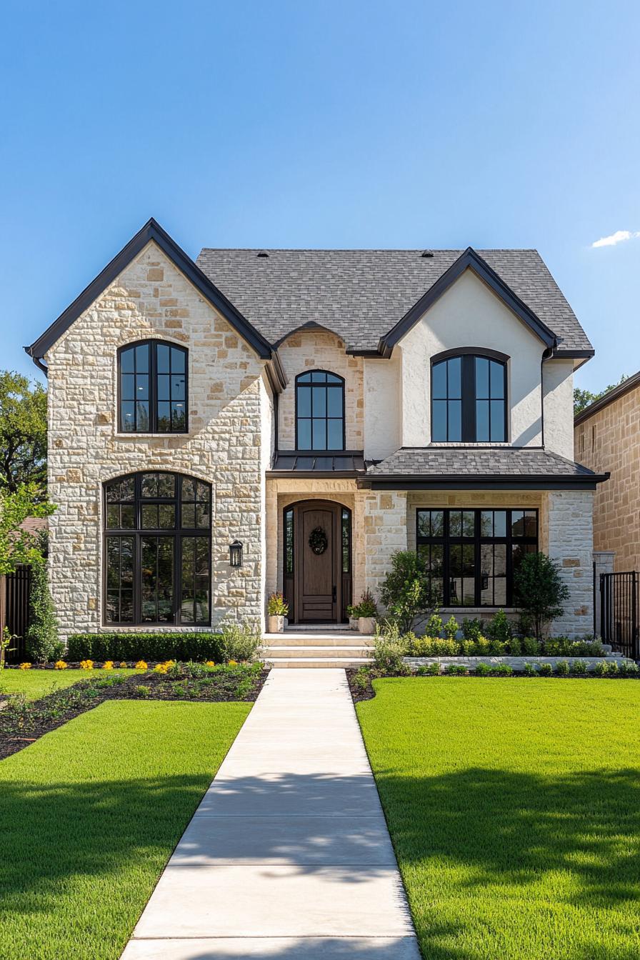 Stylish stone house with manicured lawn