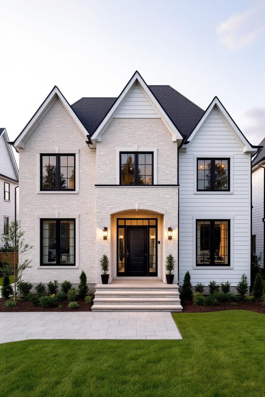 Elegant white house with gabled roof and black windows