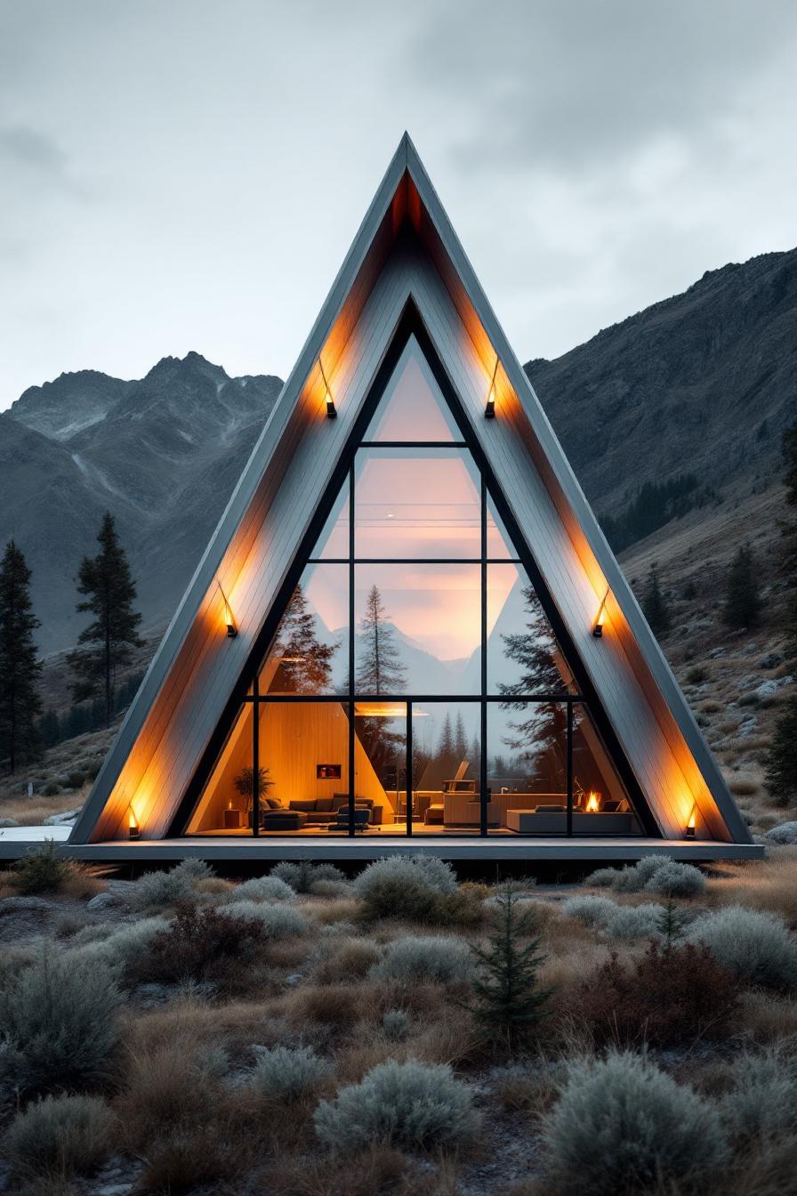 A-frame house with glowing lights in a mountainous setting