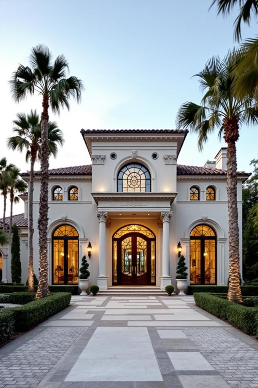 grand luxury neoclassical house symmetrical two story facade smooth stone exterior clay tile roofing arched windows with intricate metalwork