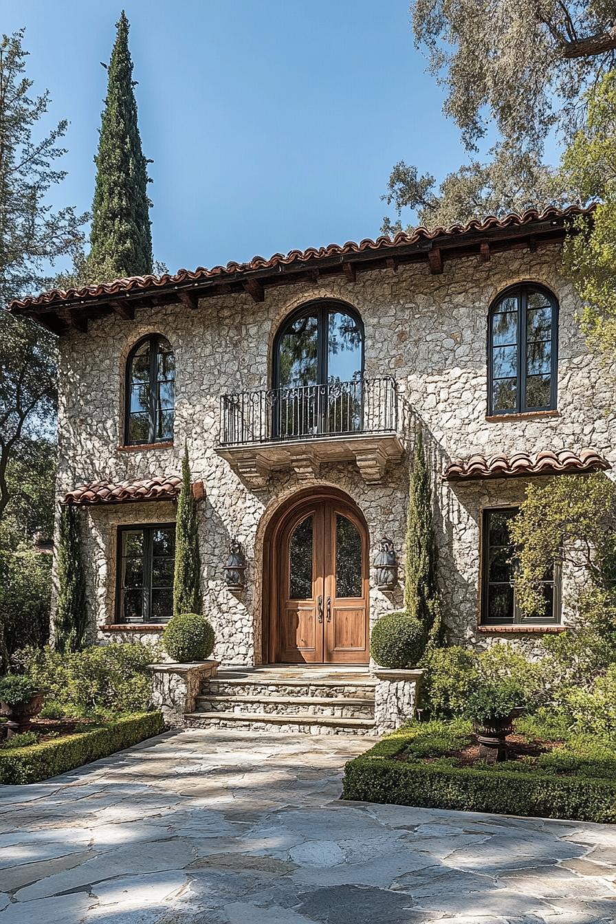 Tuscan stone house with wooden doors and a garden