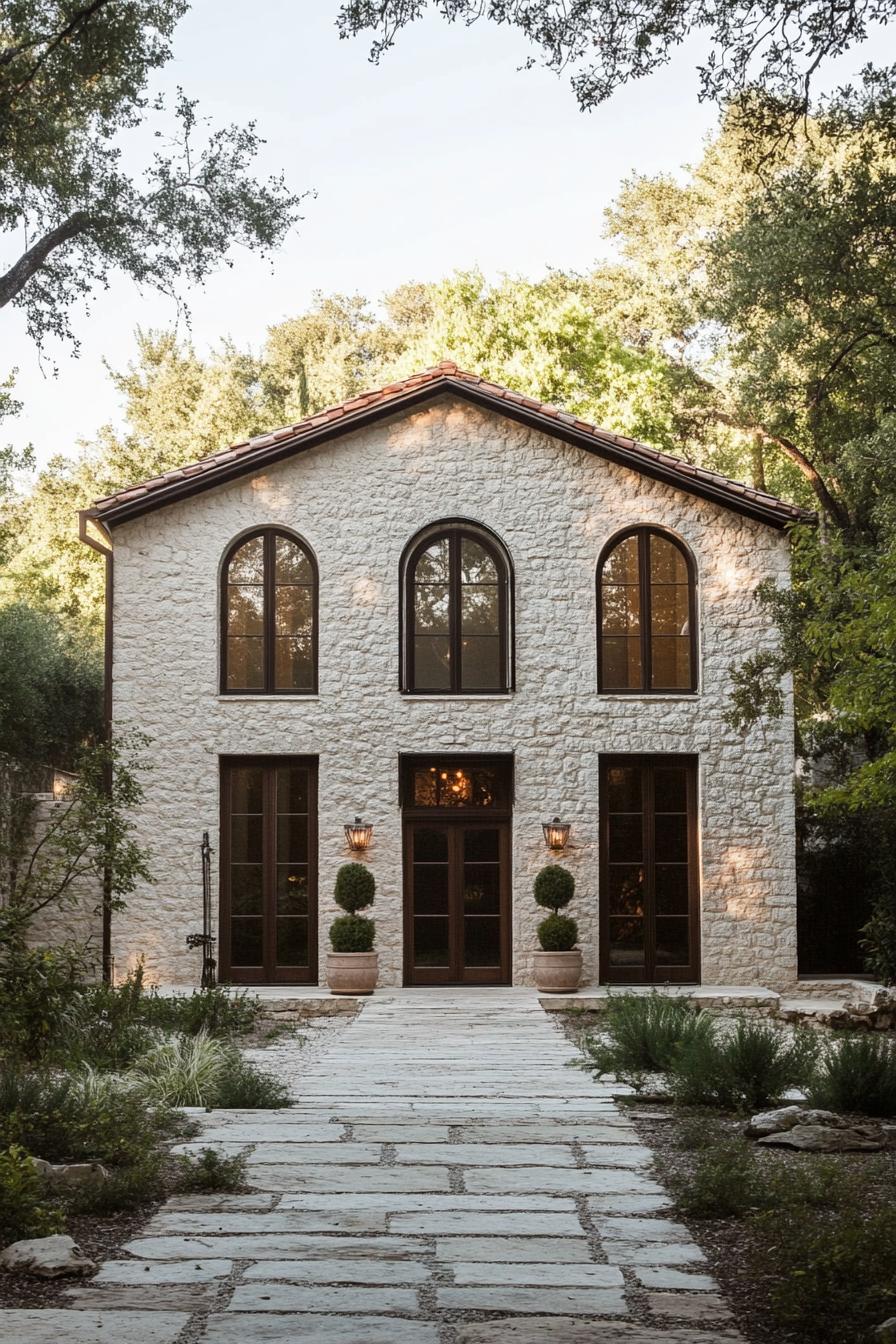 Elegant stone house with arched windows surrounded by greenery