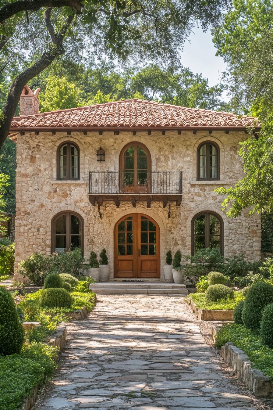 Charming stone villa with terracotta roof surrounded by lush greenery