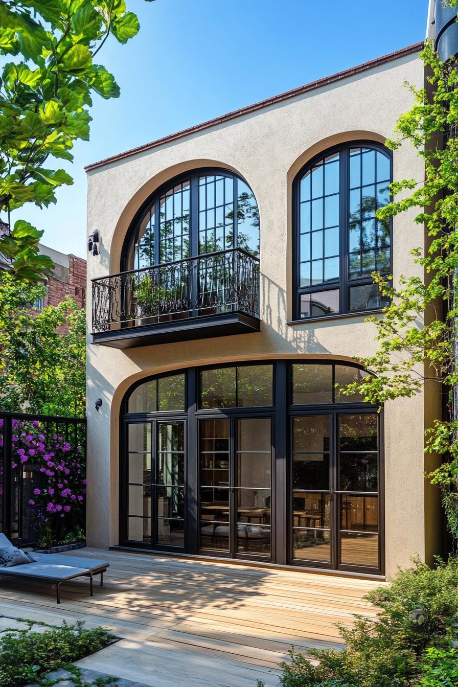 Modern townhouse with large arched windows on a deck