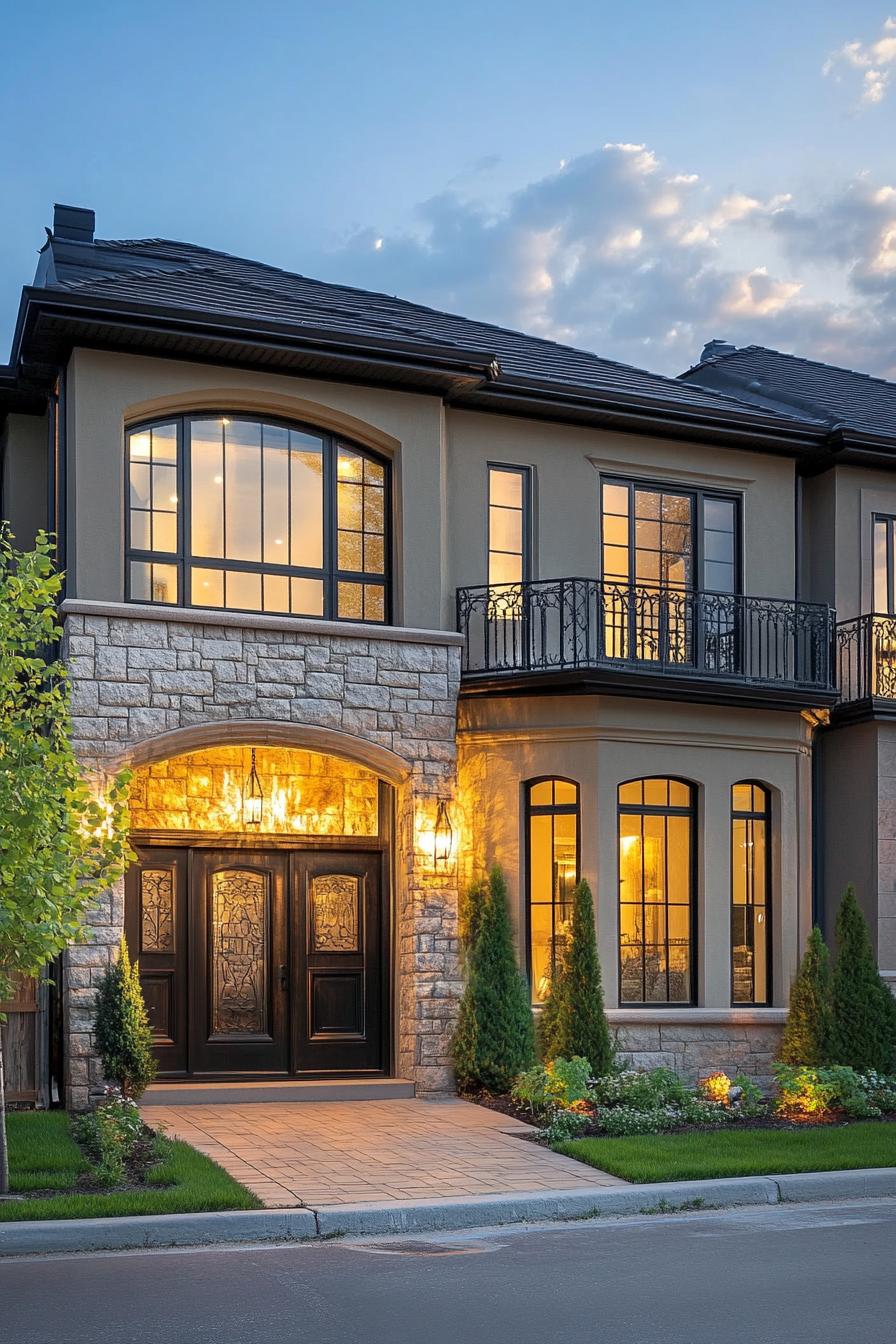 Modern townhouse with lit stone facade at dusk