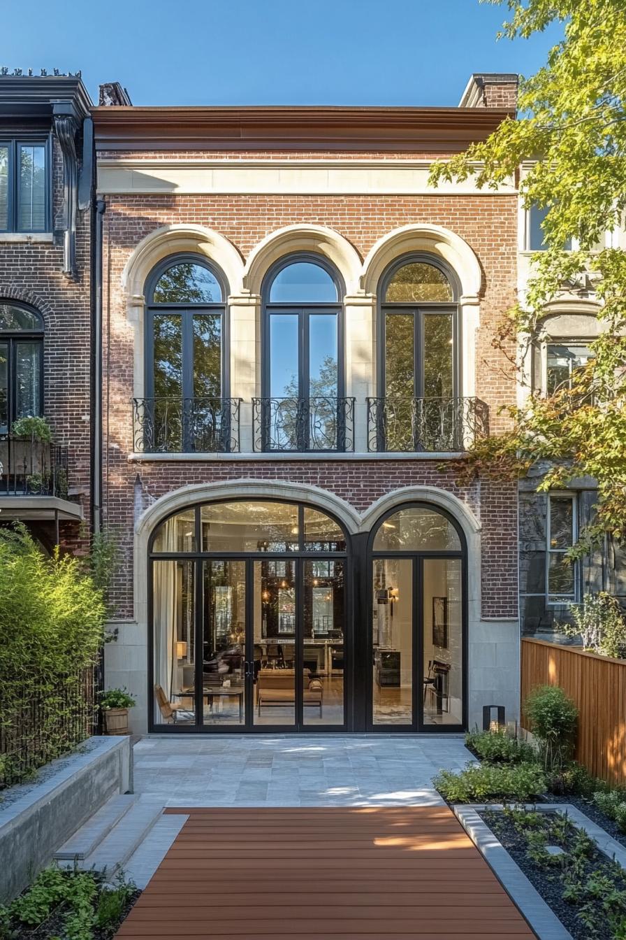 Townhouse with arched windows and patio