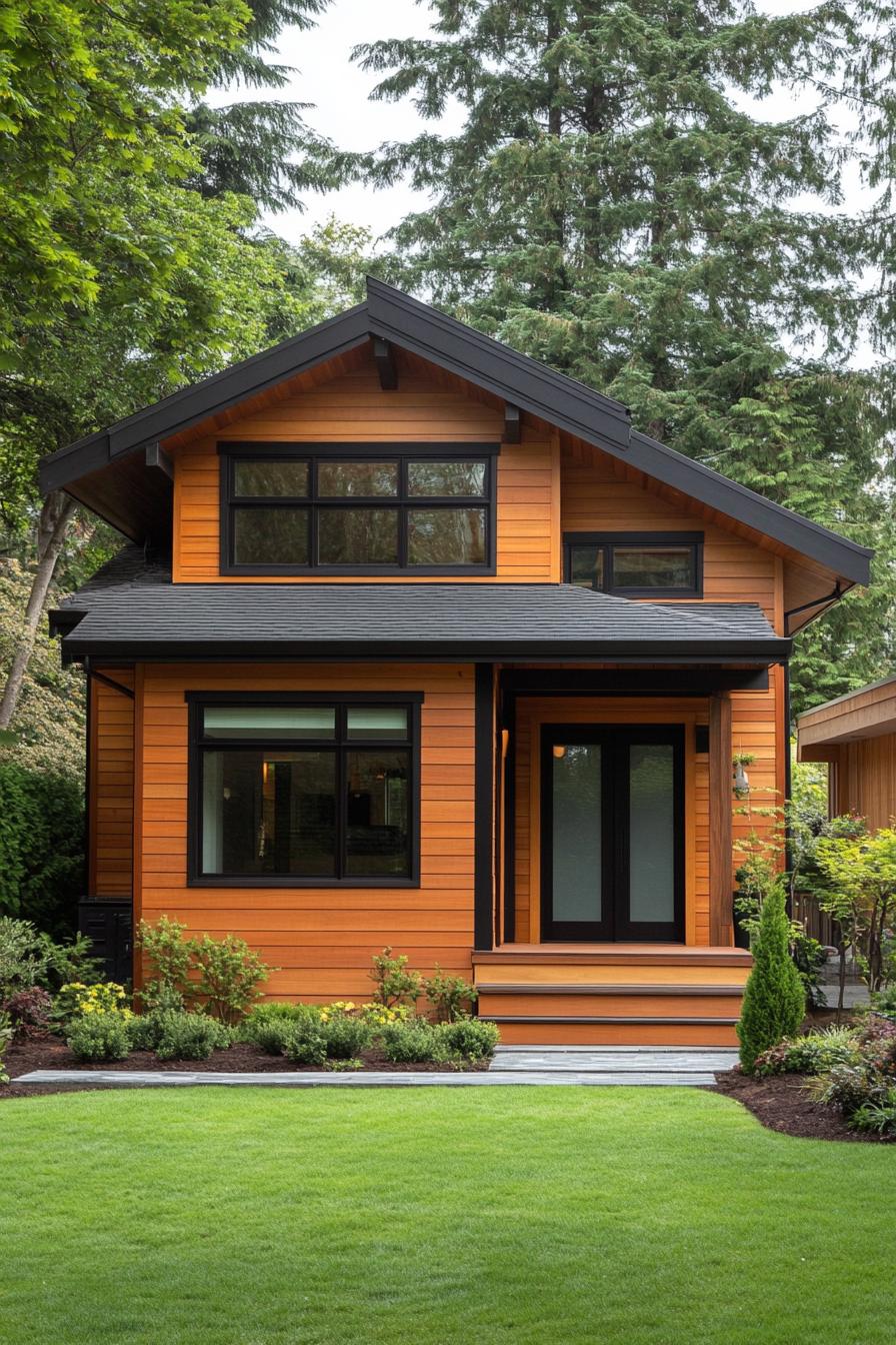 Cozy wooden cabin surrounded by lush greenery