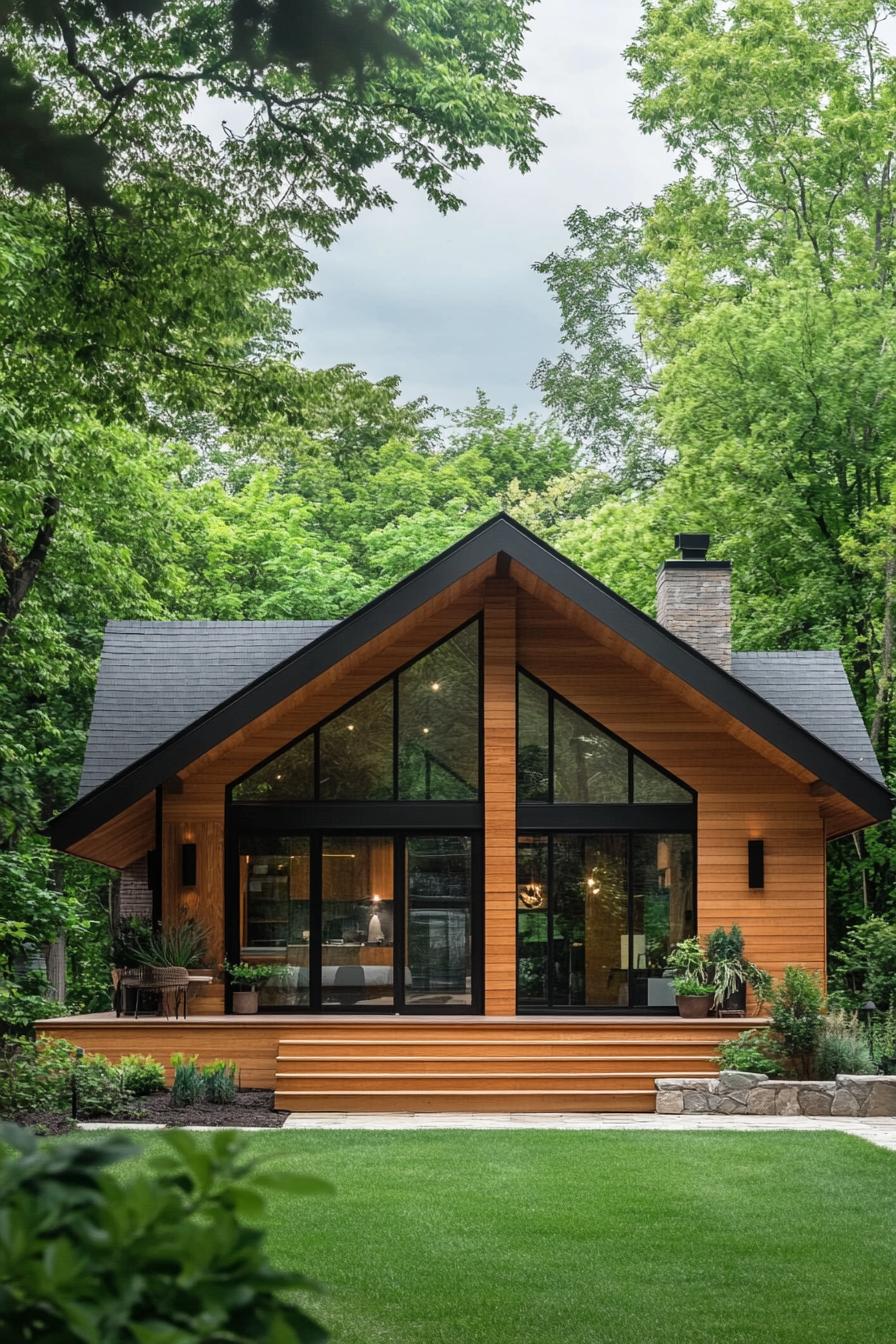 A-frame cabin with glass front and lush surroundings