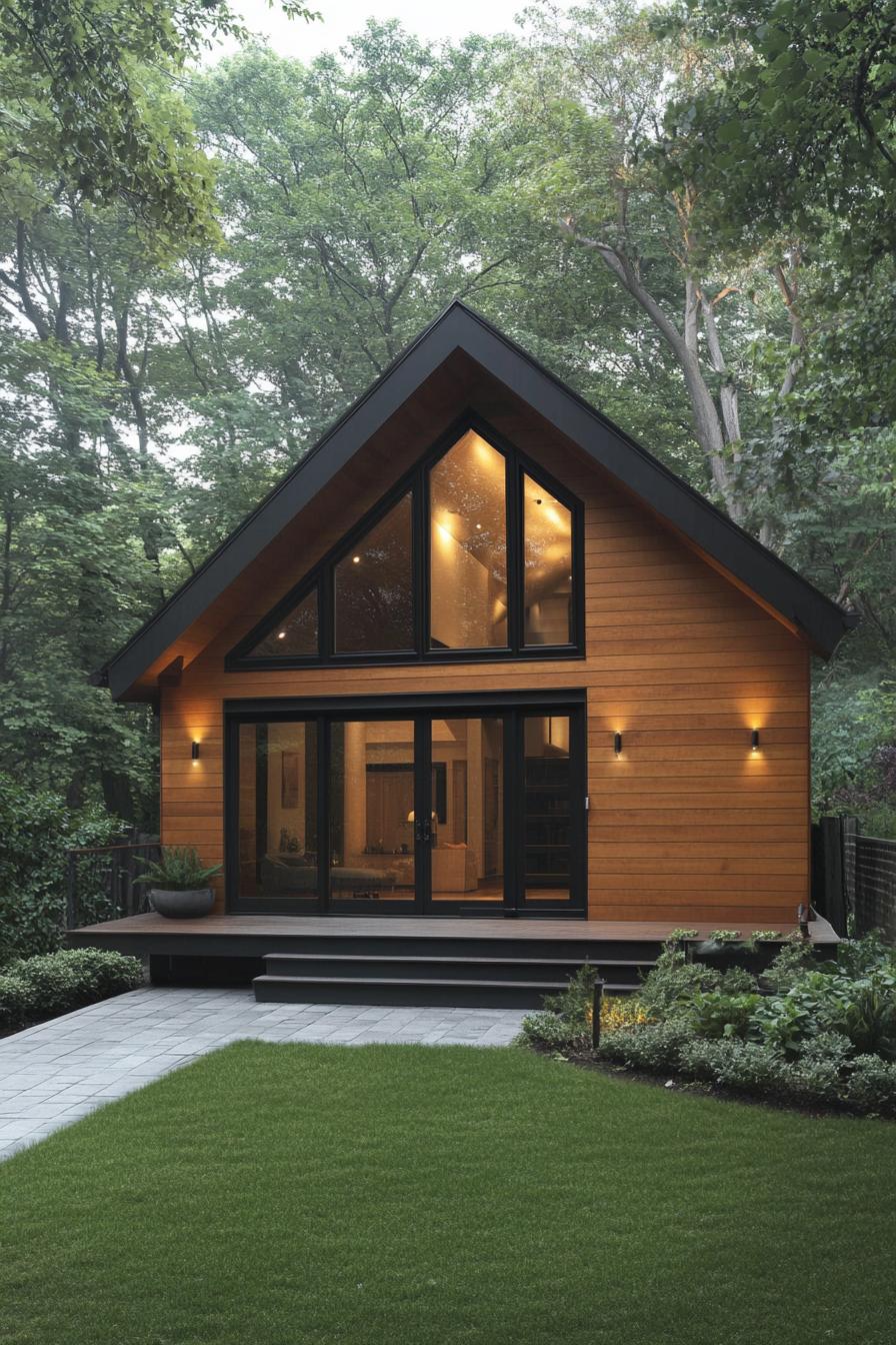 Cozy cabin with large windows nestled among trees