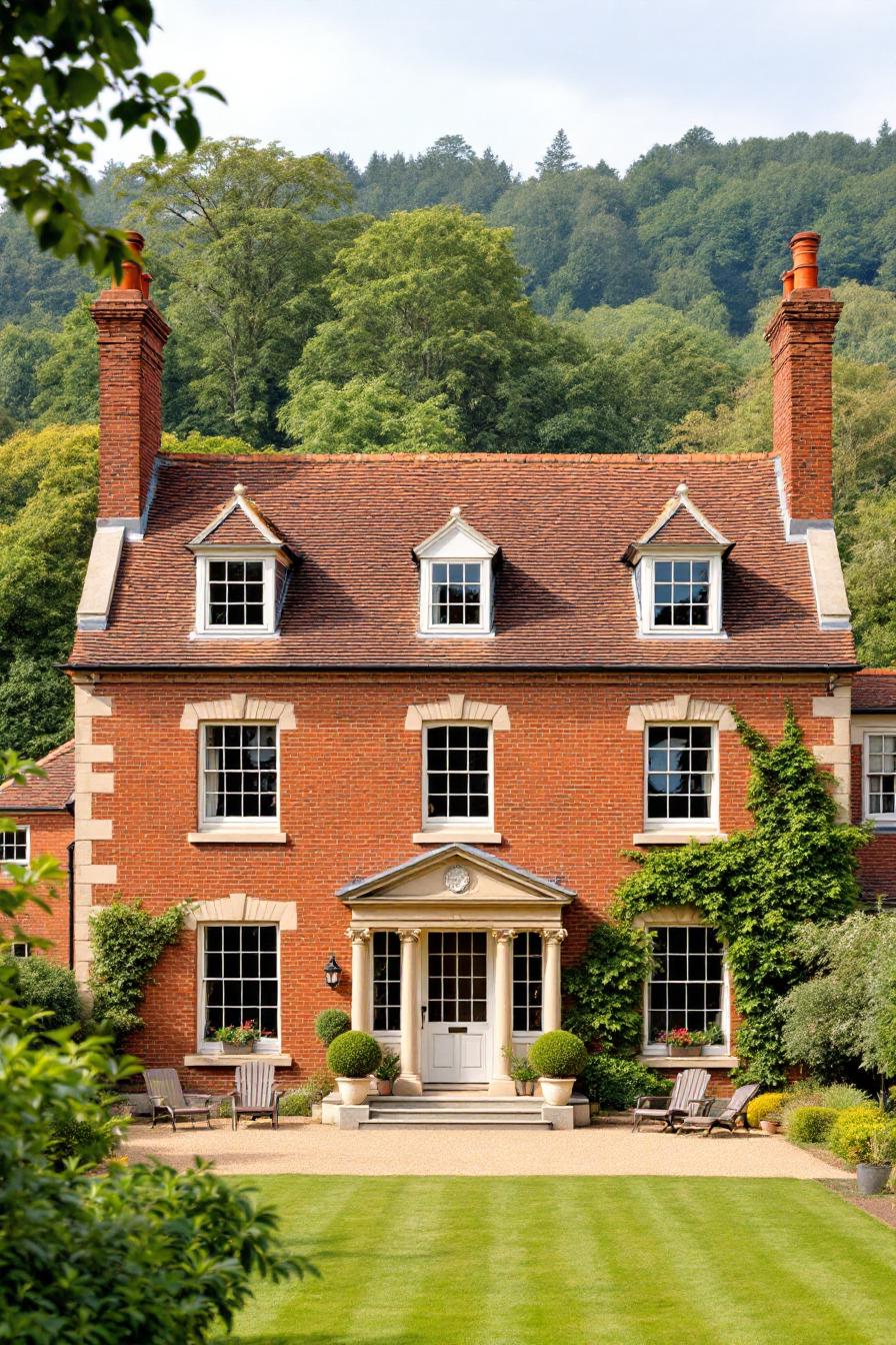 Charming brick house with formal garden and forest backdrop