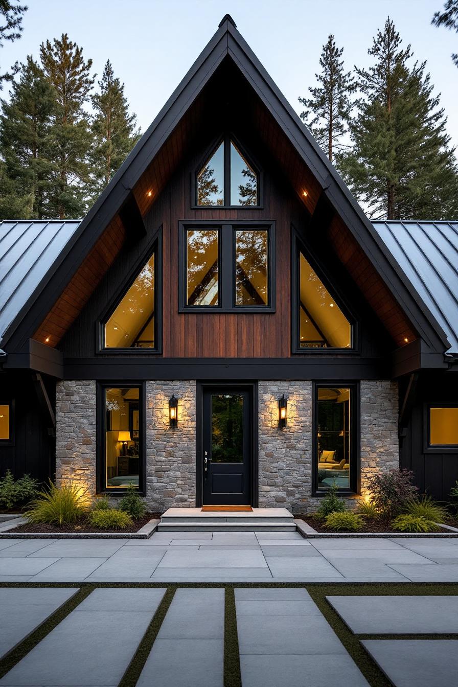 Dark house with stone accents and a steep gabled roof