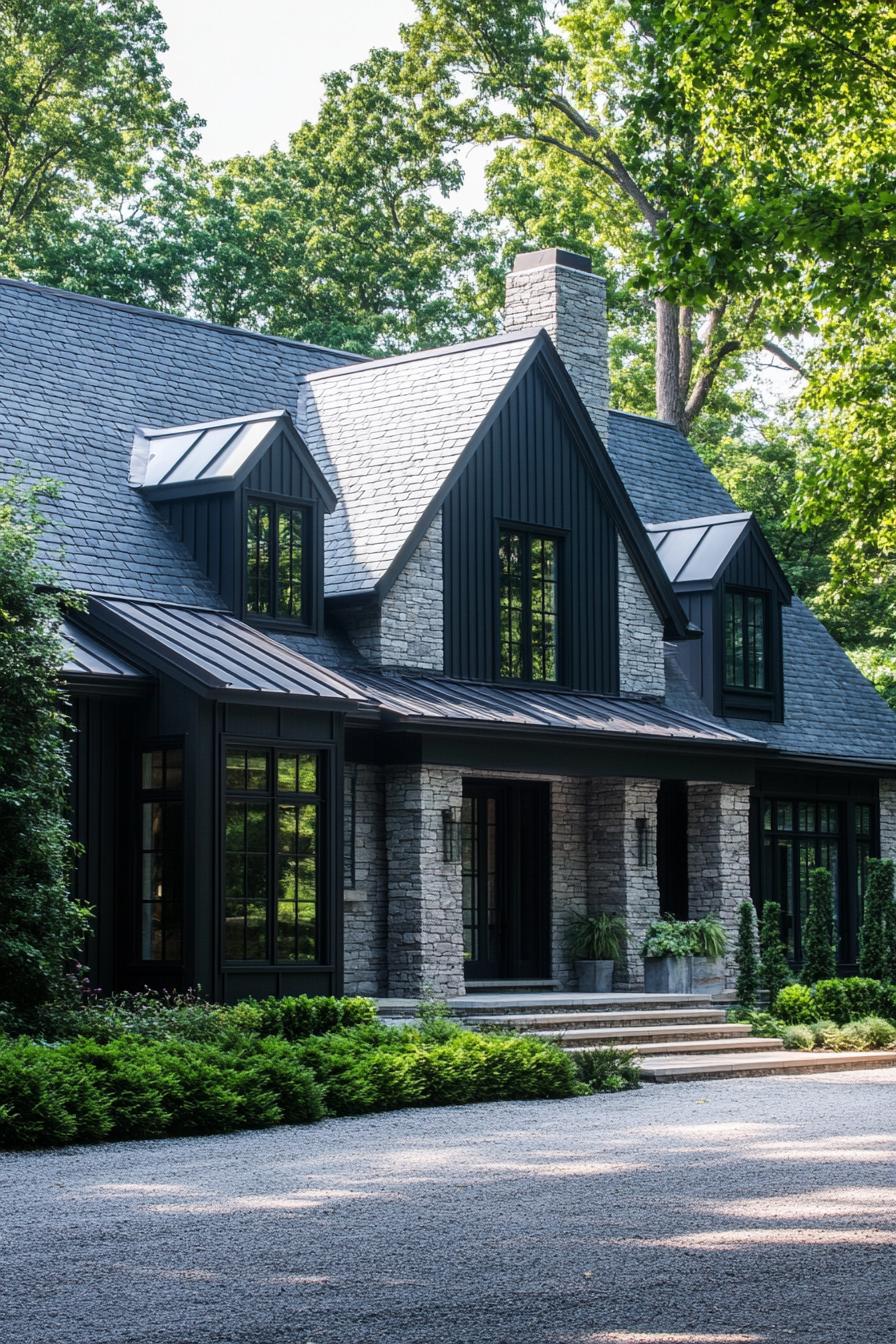 Sophisticated black house with stone accents surrounded by lush greenery