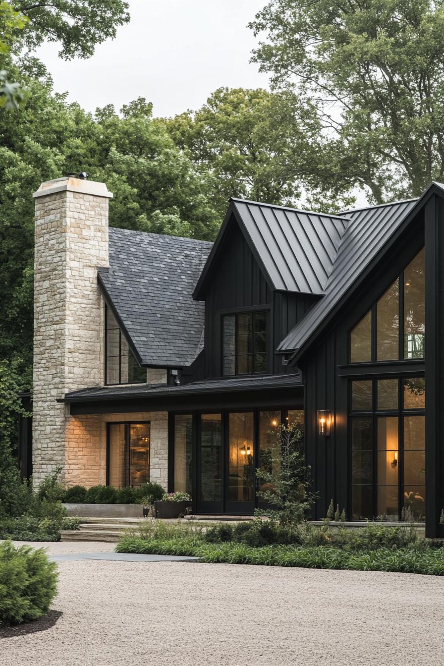 Black house with modern design surrounded by trees