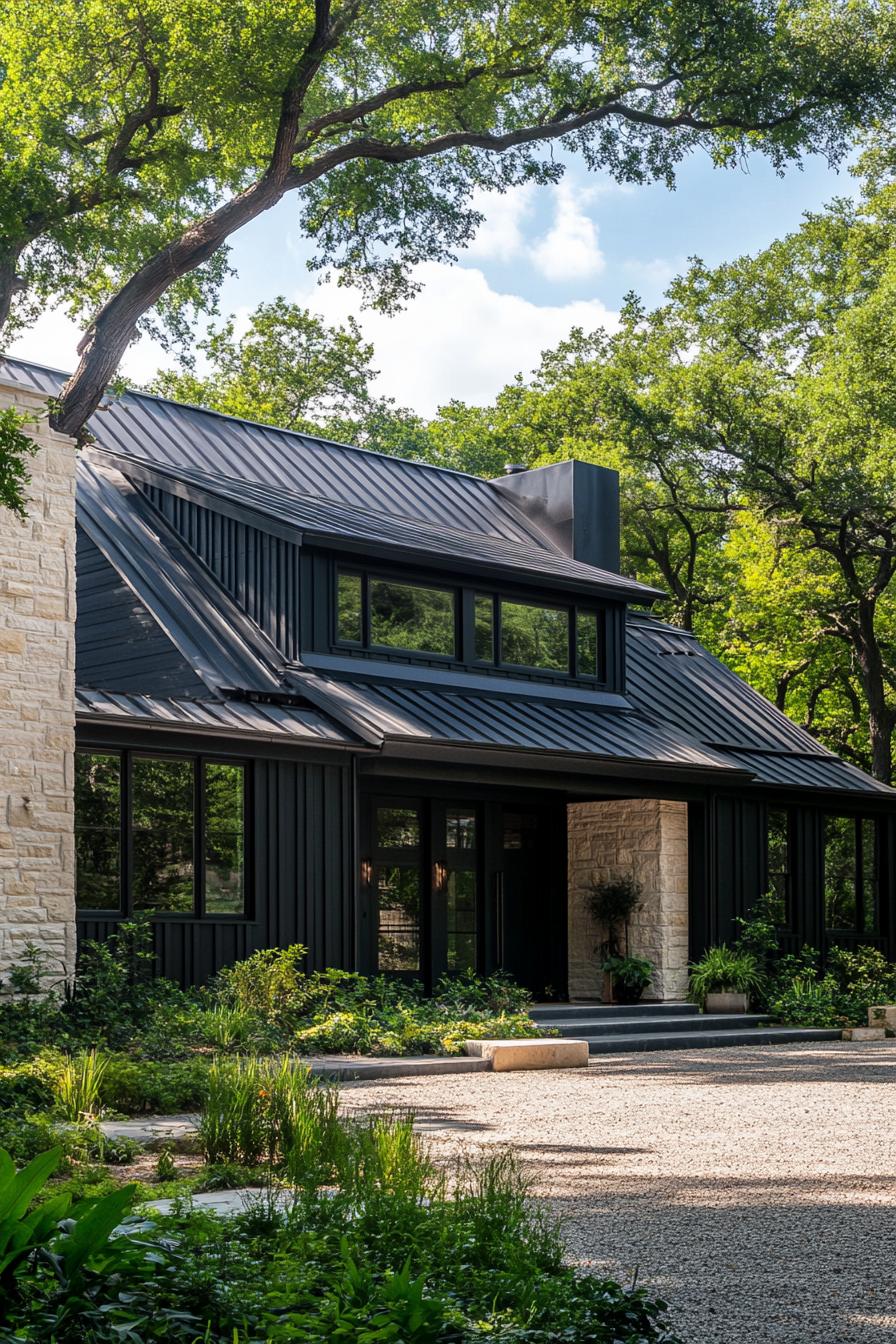 Contemporary black house surrounded by lush greenery