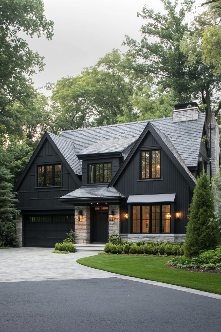 Elegant black house surrounded by lush greenery